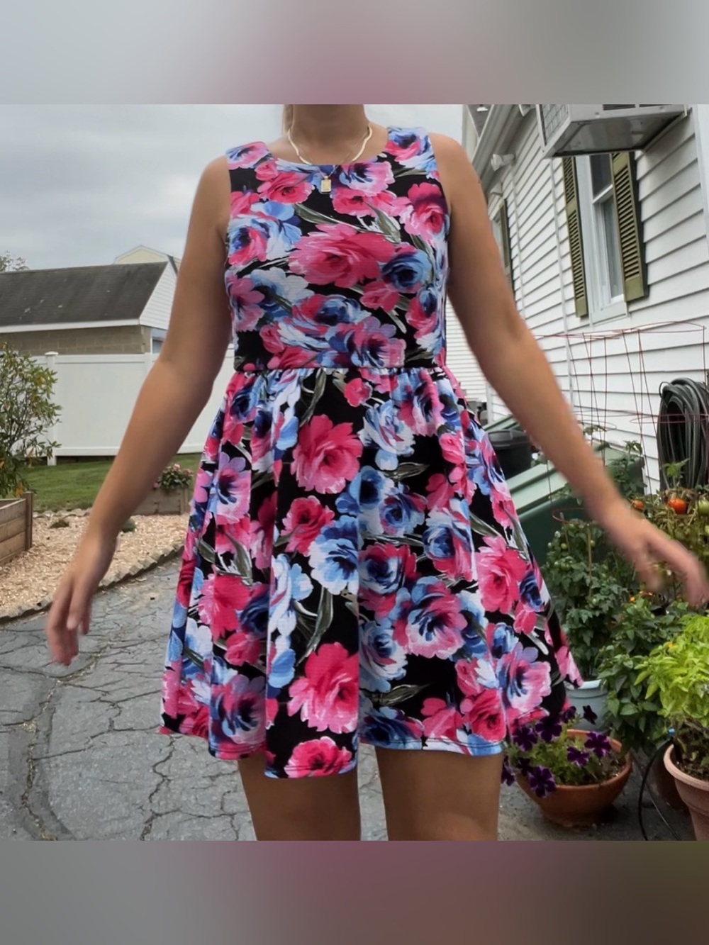 Lily Rose Black Floral Sleeveless Fit-and-Flare Dress with Pink and Blue Blooms